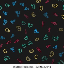 Set line Tequila bottle with lemon, Nachos in bowl, Taco tortilla and Tabasco sauce on seamless pattern. Vector