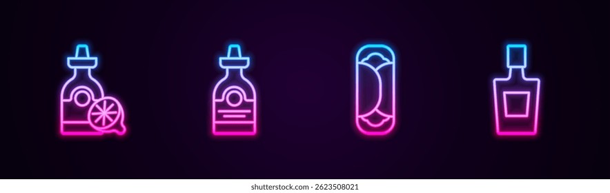 Definir linha garrafa de tequila com limão, , Burrito e . Ícone de néon brilhante. Vetor