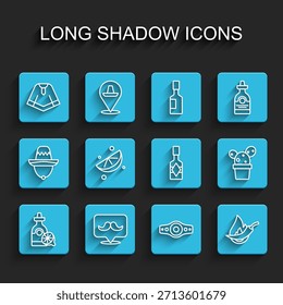 Set line Tequila bottle with lemon, Mustache, Poncho, Wrestling championship belt, Hot chili pepper pod, Sliced lime, Cactus or succulent pot and Tabasco sauce icon. Vector