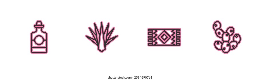 Set line Tequila bottle, Mexican carpet, Agave and Cactus icon. Vector