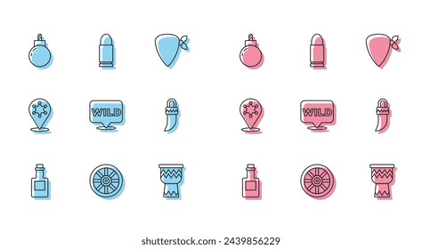 Set line Tequila bottle, Old wooden wheel, Bomb ready to explode, Drum, Pointer wild west, Tooth, Hexagram sheriff and Bullet icon. Vector