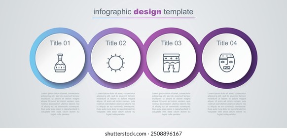 Definir linha garrafa de tequila, sol, Huehuetl e máscara asteca. Modelo de infográfico comercial. Vetor