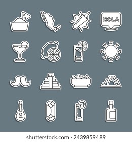 Set line Tequila bottle, Volcano eruption with lava, Sun, Hot chili pepper pod, Lemon, Margarita cocktail, Nachos in bowl and glass lemon icon. Vector