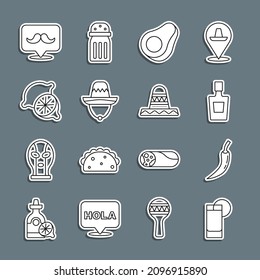 Set line Tequila glass with lemon, Hot chili pepper pod, bottle, Avocado fruit, Mexican sombrero, Lime, Mustache and  icon. Vector