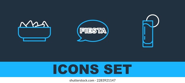 Set Linie Tequila Glas mit Zitrone, Nachos in Schüssel und Fiesta Symbol. Vektorgrafik