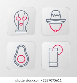 Set line Tequila glass with lemon, Avocado fruit, Mexican sombrero and wrestler icon. Vector