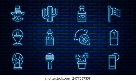 Set line Tequila glass with lemon, Burrito, bottle, Mexican sombrero, man, Lime and Cactus icon. Vector