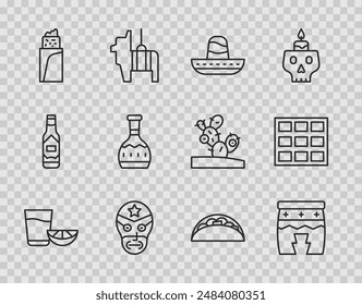 Set line Vaso de tequila con limón, huehuetl, sombrero mexicano, luchador, burrito, botella, tortilla de tacos e icono de barra de chocolate. Vector