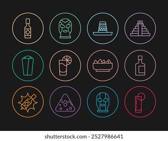 Set line Tequila glass with lemon, bottle, Mexican sombrero, Burrito, Tabasco sauce, Nachos in bowl and wrestler icon. Vector