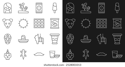 Set line Tequila glass with lemon, Mexican drum, Beans in, carpet, Sun, Dog, wrestler and Chocolate bar icon. Vector