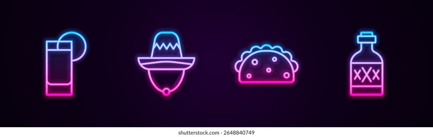 Set line Tequila glass with lemon, Mexican sombrero, Taco tortilla and bottle. Glowing neon icon. Vector