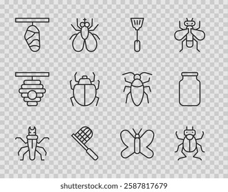 Set line Termite, Beetle bug, Fly swatter, Butterfly net, cocoon, Mite,  and Glass jar icon. Vector