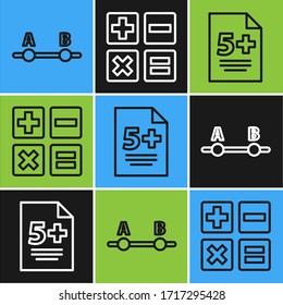 Set line Test or exam sheet, Calculator and Feather and inkwell icon. Vector