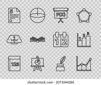 Set line Test or exam sheet and pen, Sigma symbol, Geometric figure Cube, XYZ Coordinate system, Infinity, Mobile calculator interface, Chalkboard and Graph, schedule, chart, diagram icon. Vector