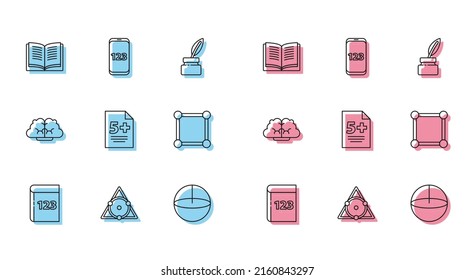 Set line Test or exam sheet and pen, Chalkboard, Equation solution, Calculator, with diagram, Graph, schedule, chart, and Book word mathematics icon. Vector