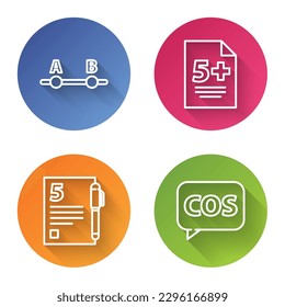 Set line Test or exam sheet, Calculator, Open book and Tablet with calculator. Color circle button. Vector