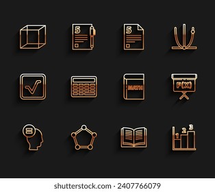 Set line Test or exam sheet, Geometric figure Sphere, Function mathematical symbol, Equation solution, Graph, schedule, chart, diagram, Chalkboard, Cube and Triangle icon. Vector