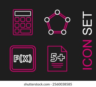 Set line Test or exam sheet, Function mathematical symbol, Geometric figure Pentagonal prism and Calculator icon. Vector