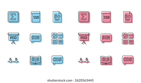 Set Linie Test- oder Prüfungsblatt, Gleichungslösung, Geometrische Figur Quadrat, Tablette mit Taschenrechner, menschliches Gehirn, Feder und Tintenfass, Würfel- und Stiftsymbol. Vektorgrafik
