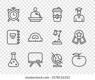 Set line Test tube, Apple, Coffee cup to go, Chalkboard, Alarm clock, Protractor grid, Earth globe and Medal with star icon. Vector