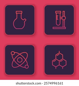 Set line Test tube, Atom, flask on stand and Chemical formula. Blue square button. Vector