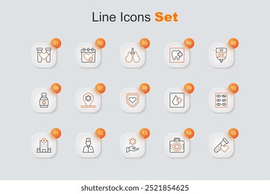 Set line Test tube with blood, First aid kit, Cross hospital medical, Male doctor, Hospital building, Pills blister pack, Blood test and Immune system icon. Vector