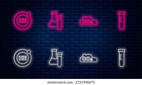 Set line Test tube, CO2 emissions in cloud, Helium and . Glowing neon icon on brick wall. Vector