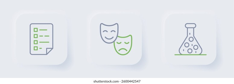 Set line Test tube, Comedy and tragedy masks and Clipboard with checklist icon. Vector