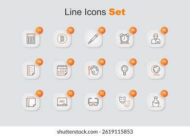 Set line Test tube, Comedy and tragedy masks, Glasses, Chalkboard, File document, Earth globe, Unknown search and Paint brush with palette icon. Vector