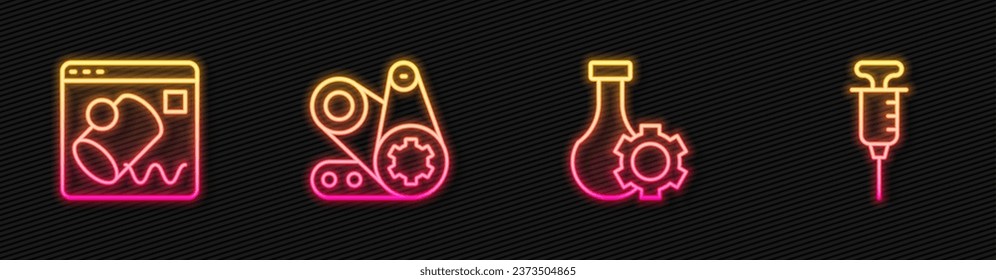Set line Test tube, visualización de datos, kit de correa de tiempo y jeringa. Icono de neón brillante. Vector