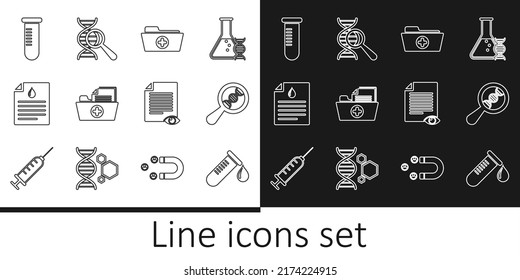 Set Line Test Tube With Drop Of Blood, DNA Research, Search, Health Record Folder, Clipboard Test, Flask, Paper Page Eye And  Icon. Vector