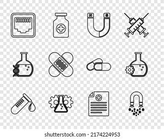 Fijar línea Tubo de prueba con gota de sangre, dinero del imán, bioingeniería, toma de cable del puerto de red, yeso de venda cruzado, registro clínico e icono. Vector