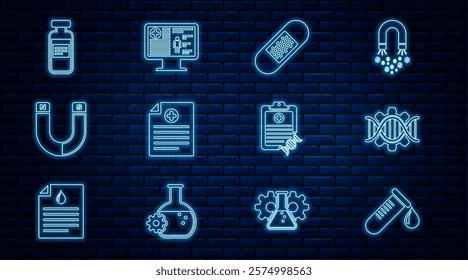 Set line Test tube with drop of blood, Genetic engineering, Bandage plaster, Clinical record, Magnet, Medical vial, ampoule, Clipboard DNA analysis and on monitor icon. Vector