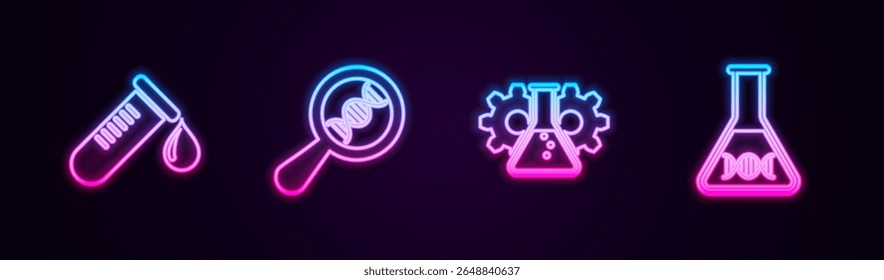 Set line Test tube with drop of blood, DNA research, search, Bioengineering and . Glowing neon icon. Vector