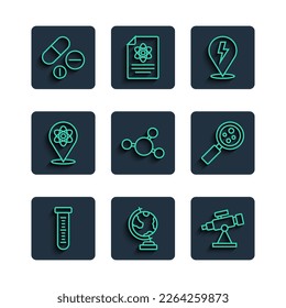 Set line Test tube, Earth globe, Telescope, Lightning bolt, Molecule, Atom, Medicine pill or tablet and Microorganisms under magnifier icon. Vector