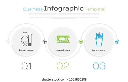 Set line Test tube and flask chemical laboratory test, Office folders with papers and documents and Pencil case stationery. Business infographic template. Vector