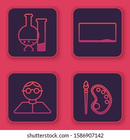 Set line Test tube and flask chemical laboratory test, Student, Chalkboard and Paint brush with palette. Blue square button. Vector