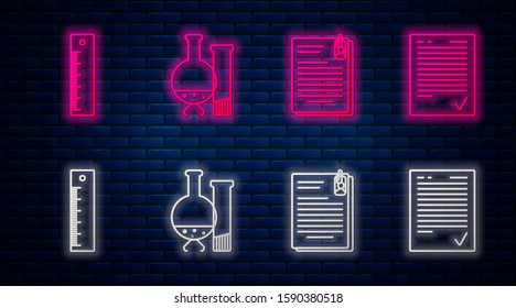 Set line Test tube and flask chemical laboratory test, File document and paper clip, Ruler and Exam sheet with check mark. Glowing neon icon on brick wall. Vector