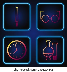 Set line Test tube and flask chemical laboratory test, Clock, Pen and Glasses. Gradient color icons. Vector