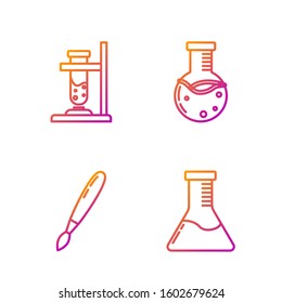 Set line Test tube and flask chemical laboratory, Paint brush, Glass test tube flask on fire and Test tube and flask chemical laboratory. Gradient color icons. Vector