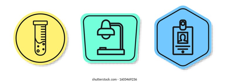 Set line Test tube and flask chemical laboratory, Table lamp and Identification badge. Colored shapes. Vector