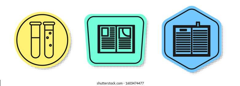 Set line Test tube and flask chemical laboratory, Open book and Open science book. Colored shapes. Vector