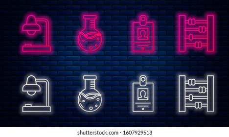 Set line Test tube and flask chemical laboratory, Identification badge, Table lamp and Abacus. Glowing neon icon on brick wall. Vector