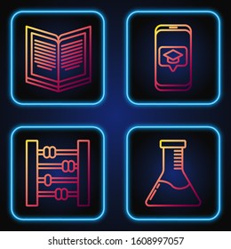 Set line Test tube and flask chemical laboratory, Abacus, Open book and Graduation cap on screen smartphone. Gradient color icons. Vector