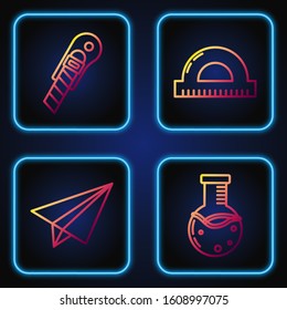 Set line Test tube and flask chemical laboratory, Paper airplane, Stationery knife and Protractor grid for measuring degrees. Gradient color icons. Vector