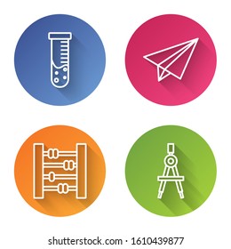 Set line Test tube and flask chemical laboratory, Paper airplane, Abacus and Drawing compass. Color circle button. Vector