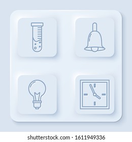 Set line Test tube and flask chemical laboratory, Ringing bell, Light bulb with concept of idea and Clock. White square button. Vector