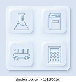 Set line Test tube and flask chemical laboratory, Book, School Bus and Calculator. White square button. Vector