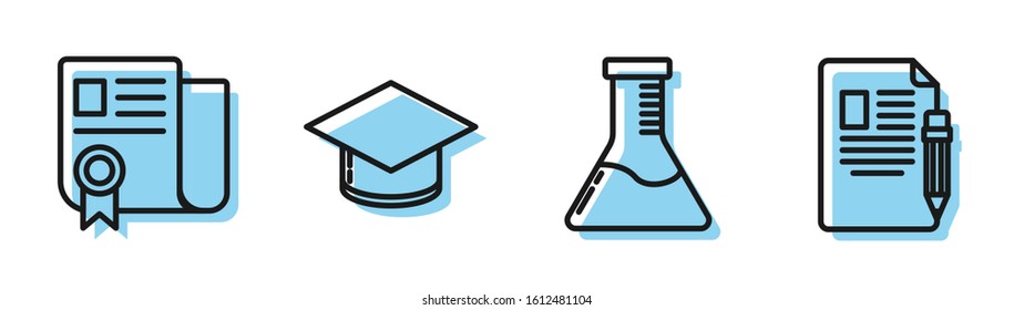 Set line Test tube and flask chemical laboratory, Certificate template, Graduation cap and Exam sheet and pencil with eraser icon. Vector