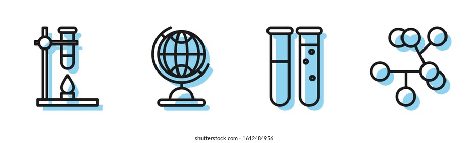 Set line Test tube and flask chemical laboratory, Glass test tube flask on fire heater, Earth globe and Molecule icon. Vector